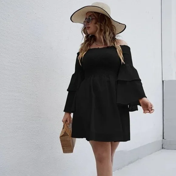 SHEIN Plus Bardot Shirred Layered Flounce Sleeve Dress - Picture 2 of 4